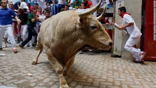 A fighting bull enters the bull ring on July 13, the eighth day of the running of the bulls.