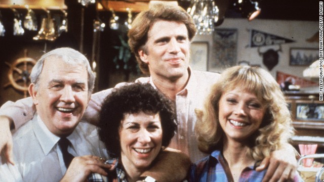 Nicholas Colasanto (on the left) is seen here with his "Cheers" co-stars Rhea Perlman, Ted Danson and Shelley Long. His character of Coach Ernie Pantusso was written out of the show as having also died when the actor succumbed to a heart attack in 1985.