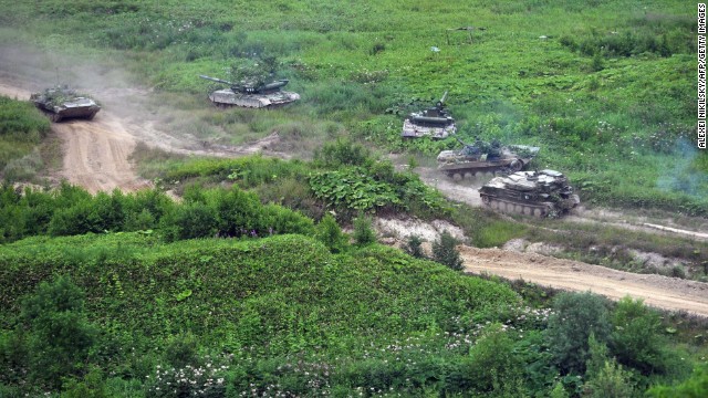 Russian tanks move across Sakhalin Island on July 16.