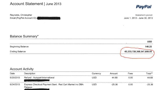 Chris Reynolds' PayPal account was erroneously credited $92,233,720,368,547,800.