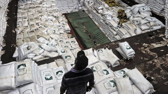 Sacks of sugar sit in the hold of the North Korean vessel Chong Chon Gang in Colon province, Panama, on July 16. The weapons were found under the tons of cargo.