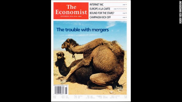 The Economist's September 10, 1994, North American cover, which dealt with a surge in corporate mergers, raised eyebrows. "Camels do it, birds and bees do it, even companies do it: all over America, firms are falling in love and settling down together," Deputy Editor Emma Duncan wrote in an article about Economist covers that made news in and of themselves.