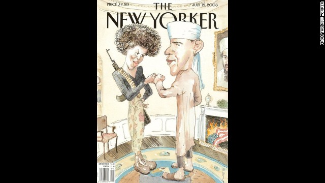 The New Yorker's July 21, 2008, cover drew mostly outrage for its depiction of then-presidential candidate Barack Obama dressed like Osama bin Laden and Michelle Obama with an exaggerated Afro dressed in combat gear. The Obama campaign blasted the cover as "tasteless and insensitive," while the magazine said the cartoon was intended to satirize the "lies and misconceptions and distortions about the Obamas and their background and their politics" that were circulating four months before the election.