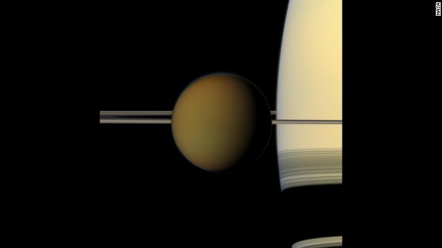 Cassini snapped this picture of Saturn's largest moon, Titan, passing in front of the planet.