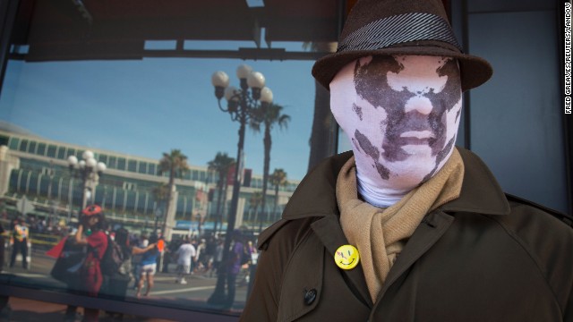 Cosplayer Noel Victorio is dressed as Rorschach from the graphic novel "Watchmen" on July 18.