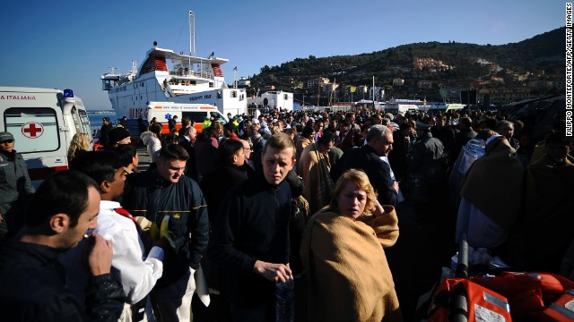Rescued passengers arrive at Porto Santo Stefano, Italy, on January 14, 2012. The Costa Concordia was carrying 3,200 passengers and 1,000 crew members.
