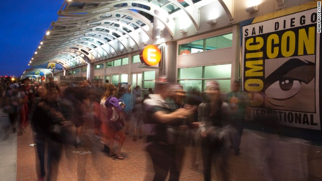 A picture made using a long exposure shows people outside of the San Diego Convention Center on Saturday, July 20.