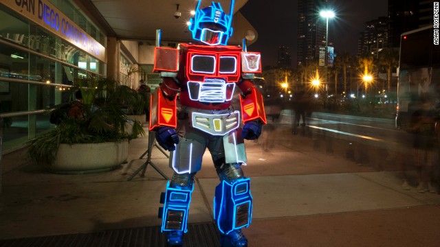 A convention-goer dressed as Optimus Prime from the "Transformers" franchise walks outside of the convention center on July 20.