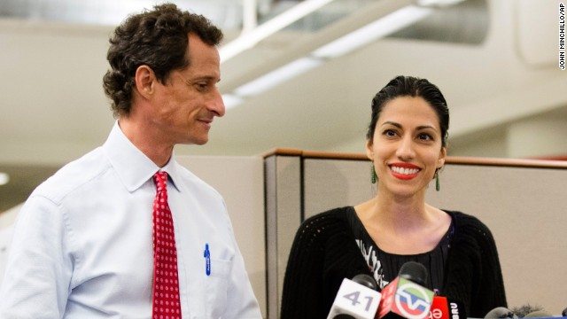 Anthony Weiner and his wife, Huma Abedin, hold a press conference on Tuesday, July 23, to address explicit online exchanges that were published by a gossip website. 