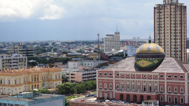 Manaus' famous opera house, built in the late 1800s, stands out in the city skyline.