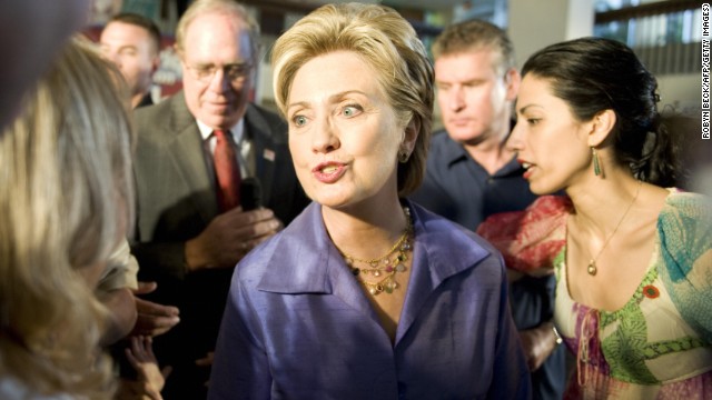 Abedin is by Clinton's side as she greets doctors and staff in San Juan Bautista Medical Center in Puerto Rico during Clinton's campaign for president on May 31, 2008. 