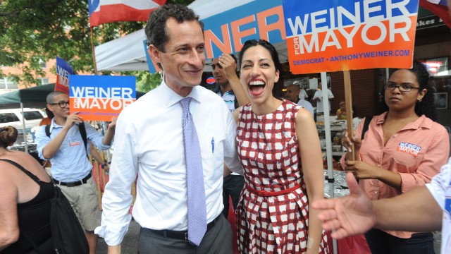 Abedin appears with Weiner on July 14 while he campaigns to become New York's mayor.