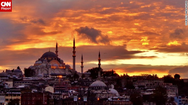 "As I crossed the [Bosphorus Strait], I saw the sun set behind the mosques and historic monuments of <a href='http://ireport.cnn.com/docs/DOC-942685'>Istanbul's Old City</a>," said Nate Hovee.