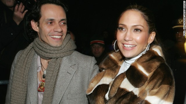 Lopez and then-husband Marc Anthony leave the Jennifer Lopez Fall 2005 show during Olympus Fashion Week at Bryant Park in New York.