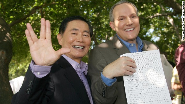 George Takei: Best known for his role as Mr. Sulu in "Star Trek," he has become known for his work supporting same-sex marriage after announcing that he was gay in 2005 and marrying longtime partner Brad Altman in 2008.