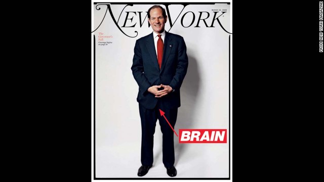 New York magazine featured Eliot Spitzer on its <a href='http://nymag.com/nymag/toc/20080324/' target='_blank'>cover in March 2008</a>, a month after he resigned as governor, with the word "brain" pointing to his crotch. Spitzer was stopped in his political tracks when his liaisons with high-paid escort Ashley Dupre surfaced, leading to his resignation. The magazine devoted three articles to dissecting his downfall.
