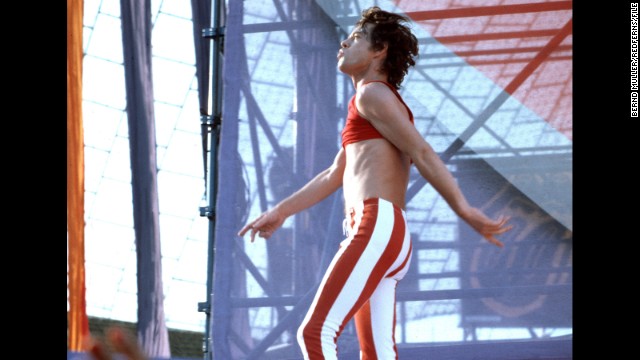 In 2011, Maroon 5's Adam Levine paid homage to Jagger's vintage look -- such as this midriff-baring outfit from the Rolling Stones' 1982 European tour -- in the music video for "Moves Like Jagger." In it, Levine, too, slips into a pair of skintight skinnies and rocks out without a shirt. 