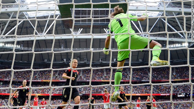 Nadine Angerer reacts after saving a second penalty kick during the women's European Championship final in Solna.