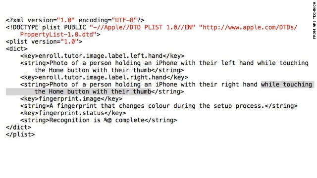 These lines of code, found within a beta version of iOS 7, suggest future iPhones could get a fingerprint reader.