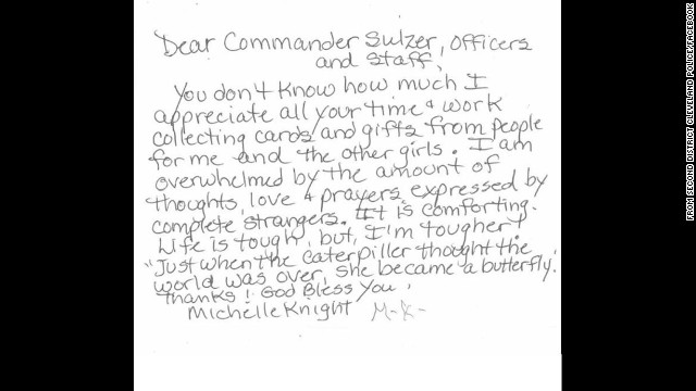 In a handwritten note, Knight thanked Cleveland police for their efforts, saying she was overwhelmed with the support she had received from 