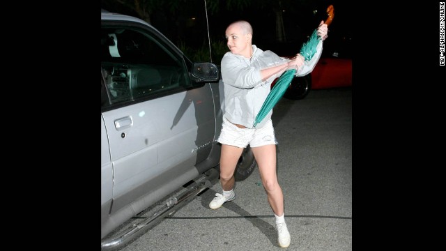 Britney Spears' career has rebounded from her 2007 meltdown, but the star has yet to live down her infamous run-in with the paparazzi that year. Newly bald after shaving her head at a California salon that February, Spears <a href='http://www.time.com/time/specials/packages/article/0,28804,1892685_1892691_1892788,00.html' >attacked a paparazzo's car with an umbrella</a> outside the home of her ex, Kevin Federline, in Tarzana. 