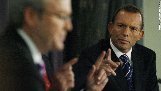Australia's opposition leader Tony Abbott during a debate against Prime Minister Kevin Rudd at the National Press Club on March 23, 2010.
