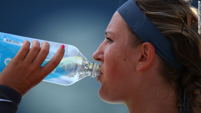 Victoria Azarenka takes a drink during the final of the WTA Carlsbad tournament which she lost to Samantha Stosur.