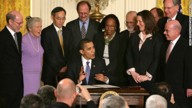 In March 2009, President Barack Obama signed an executive order that removed restrictions on embryonic stem cell research. His action overturned an order approved by President George W. Bush in August 2001 that barred the National Institutes of Health from funding research on embryonic stem cells beyond using 60 cell lines that existed at that time. Above, Obama signs the order.