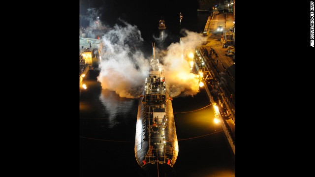 This March 15, 2012, image shows the Miami as it enters dry dock to begin an engineered overhaul at Portsmouth Naval Shipyard.