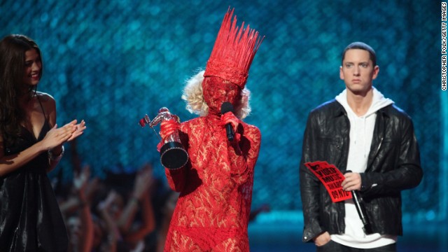 Lady Gaga accepts the award for "Best New Artist" from Eminem during the 2009 MTV Video Music Awards at Radio City Music Hall.