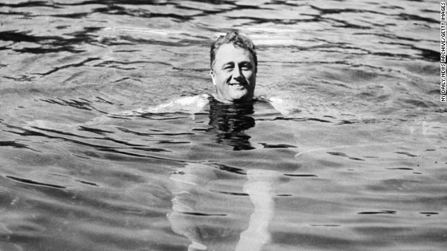 President Franklin D. Roosevelt swims in Warm Springs, Georgia. It was there that he died in April 1945. 