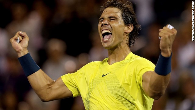 Rafael Nadal celebrates his win over Novak Djokovic at Uniprix Stadium in Montreal, Quebec, Canada.