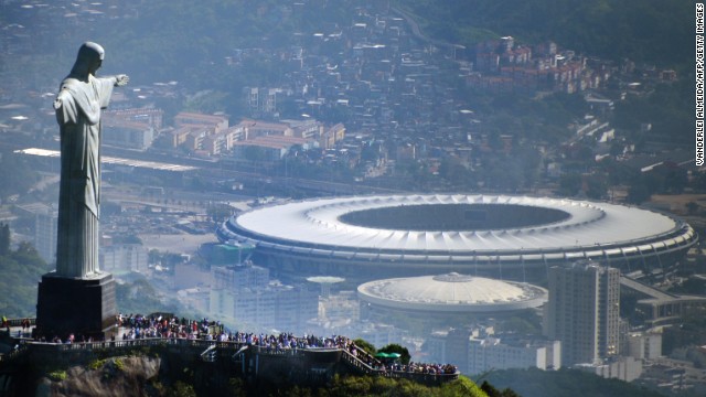 Aerial view of the Christ the Redeemer statue atop Corcovado Hill, overlooking the Maracana stadium in Rio de Janeiro, Brazil. The famous arena hosted the 2014 World Cup final in July.