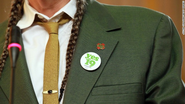 Marijuana activist Steve DeAngelo wears a "Yes on Prop 19" button as he speaks during a news conference in Oakland, California, on October 12, 2010, to bring attention to the state measure to legalize marijuana for recreational purposes in California. <a href='http://www.cnn.com/2010/POLITICS/11/02/ballot.initiatives/index.html'>Voters rejected the proposal.</a>