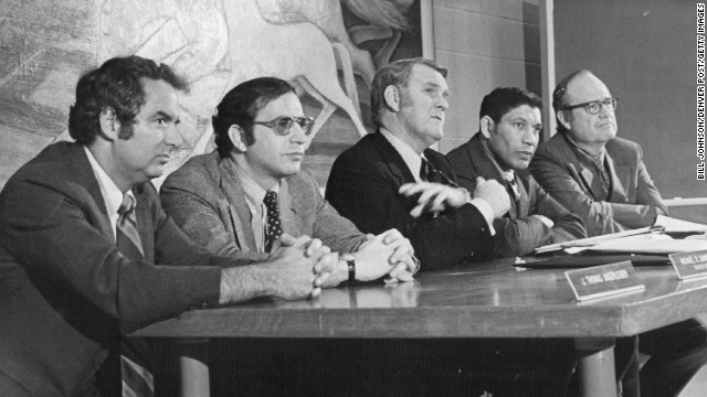 Panel members of the National Commission on Marijuana and Drug Abuse attend a hearing In Denver on January 10, 1972. From left, Dr. J. Thomas Ungerleider, psychiatrist; Michael R. Sonnenreich, commission executive director; Raymond P. Shafer, commission chairman; Mitchell Ware, Chicago attorney; Charles O. Galvin, Dallas law school dean. The commission's findings favored ending marijuana prohibition and adopting other methods to discourage use, but the Nixon administration refused to implement its recommendations.