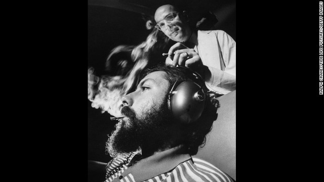 Research scientist Dr. Reese T. Jones, right, adjusts the electrodes monitoring a volunteer's brain response to sound during an experiment in 1969 that used a controlled dosage of marijuana. The tests were conducted at the Langley Porter Institute at the University of California, San Francisco.