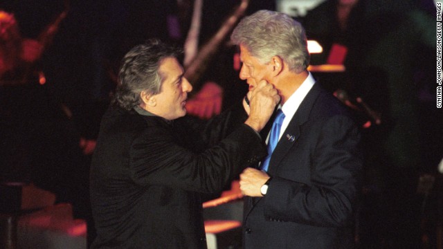 President Bill Clinton and De Niro goof around at a fundraiser on Hillary Clinton's birthday at New York's Roseland Ballroom in 2000.