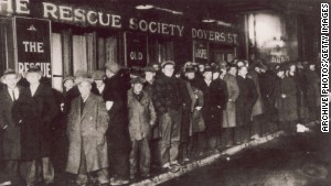 A bread line forms in New York City during the Great Depression in 1929.