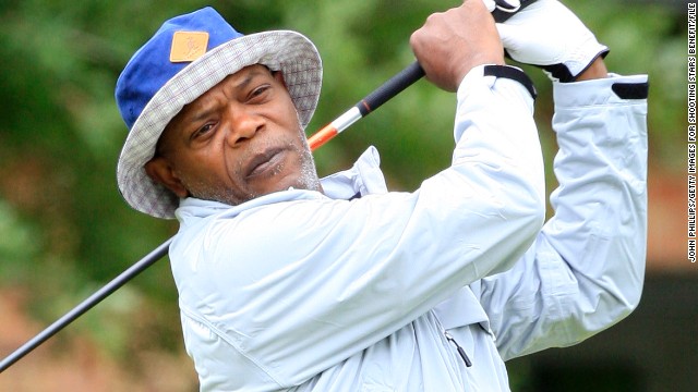 Samuel L. Jackson plays a tee shot during the Shooting Stars charity event at England's The Grove Hotel course in June 2013.