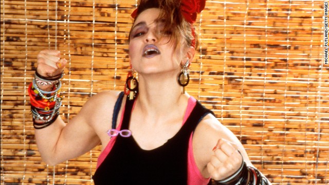 Madonna's look in 1984: Layered tops, dark makeup and bracelets, bracelets and more bracelets