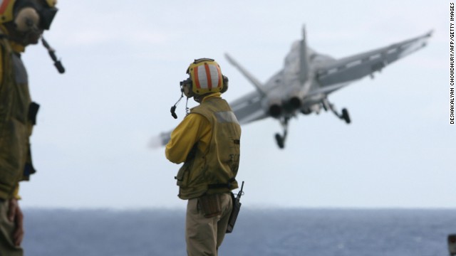 A US F-18 fighter plane takes off from the deck of USS Kitty Hawk (CV63) aircraft carrier in the Bay of Bengal. Aircraft carriers have one of the highest attrition rates of any arm of the military. According to one study, between 1949 and 1988 the U.S. Navy and Marine Corps lost 12,000 aircraft and 8,500 air crew.