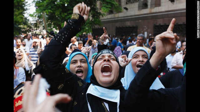 Protesters demonstrate near Ennour Mosque in Cairo on August 16.