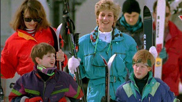 Diana and Harry are accompanied by family friend Catherine Soames and her son Harry during a pre-Easter skiing trip in Lech, Austria, on March 24, 1994.