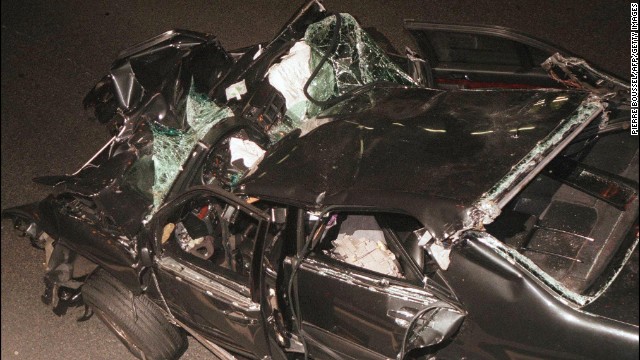 The wreckage of the car Princess Diana and Dodi al-Fayed were riding in when they crashed. 