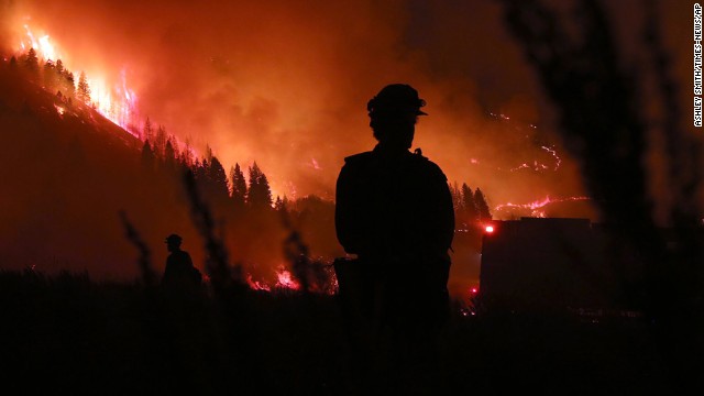 Members of the Idaho City Hotshots work on burn-out operations around Pine, where the Elk Complex fire was burning on August 14. 