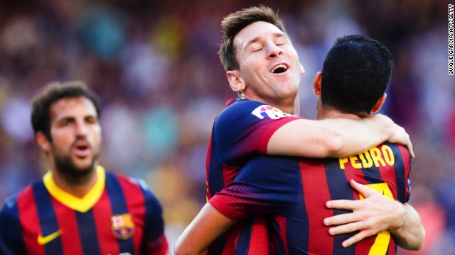 Pedro and Lionel Messi were both on target twice in the 7-0 rout of Levante in the Nou Camp.