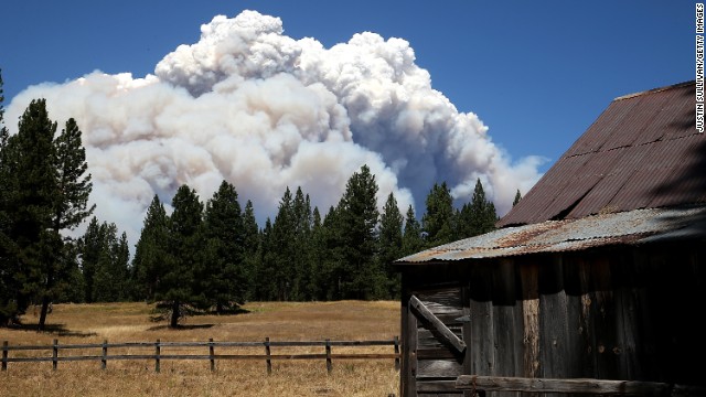 Smoke from the Rim Fire is visible near the Hetch Hetchy Reservoir on August 22, in Yosemite National Park, California. The Rim Fire continues to burn out of control and entered Yosemite National Park on Friday.