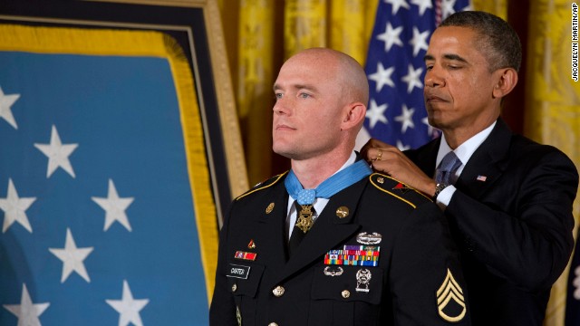 President Barack Obama awards U.S. Army Staff Sgt. Ty M. Carter the Medal of Honor on Monday, August 26. Carter received the medal for his courageous actions as a cavalry scout during combat operations in the Kamdesh District of Afghanistan's Nuristan Province on October 3, 2009. He is the fifth living recipient to be awarded the Medal of Honor for actions in Iraq or Afghanistan.