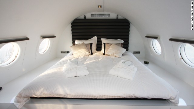 The Hotel Suite is equipped with this bed, a Jacuzzi, infrared sauna and mini-bar. It's a plane of many lives: it started out as a political transport, was converted to a commercial airplane seating 120, then used as a restaurant for 15 years until it became a hotel in 2007. 