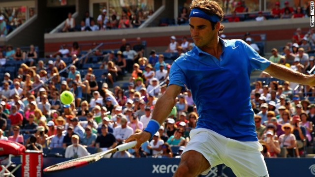 Roger Federer plays from the baseline during his comfortable first round victory at the U.S. Open. 